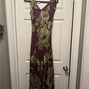 Sue Wong Nocturne Silk Beaded Floral Midi Dress Purple Green Formal Floral Gown